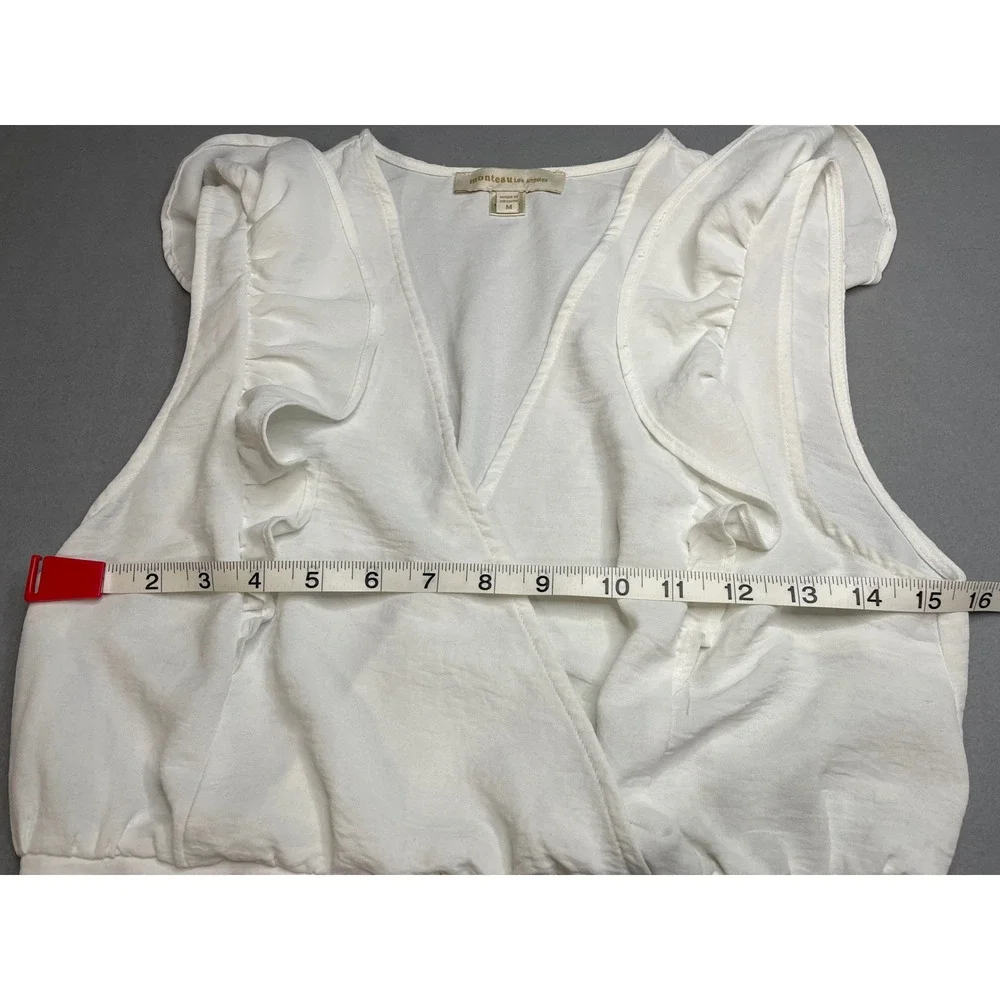 Monteau Los Angeles White Ruffle Wrap Top Sleeveless Smocked Back Womens M - Picture 7 of 9